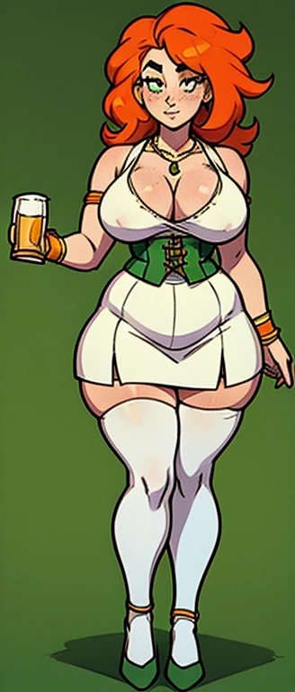 freckles, beautiful, masterpiece, st-patricks day, full body image, cel shaded, black outlines, holding beer jug, hourglass figure, orange hair, plump breasts, plump hips, plump thighs, irish, large eyes, green pupils, curly hair, rounded hair, long hair, ...