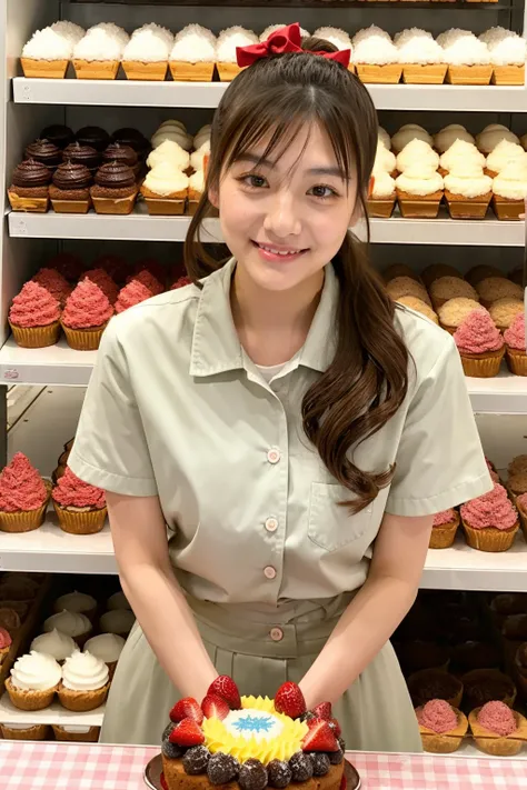 Japanese beautiful girl、cake shop clerk、24-years-old、Put on your shirt、ponytail、