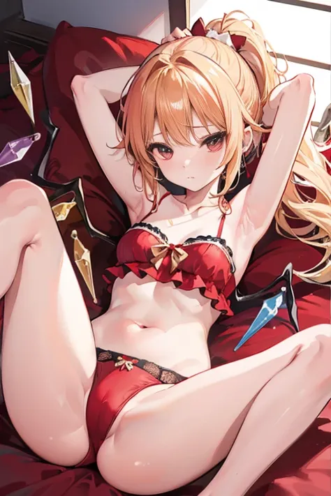 best quality、one girl、Flandre Scarlet(blonde one ponytail)、small breasts、beautiful underwear、Erotic、sexy、rib、clavicle、Raising the armpits、legs open