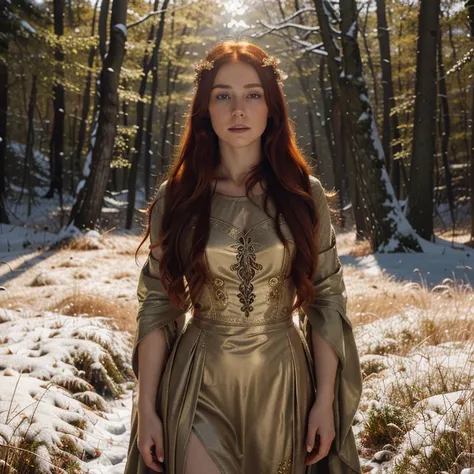 Beautiful firey red haired maiden ,bathed in golden light in a celtic winter woodland, she embodies the goddess Brigid, snowdrop flowers burst through patches of snow, mist, magical lighting. pre-raphaelite masterpiece, Extremely beautiful young fantasy pr...