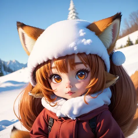 Fox costume fox ears girl chibi character in the snow