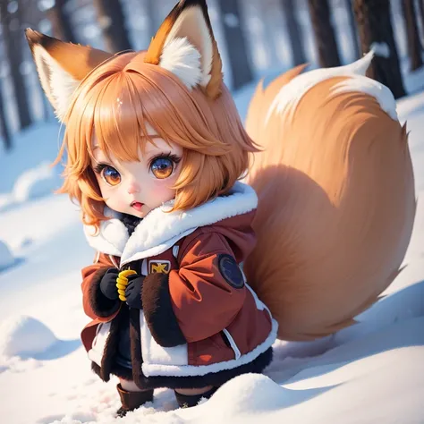 Fox costume fox ears girl chibi character in the snow