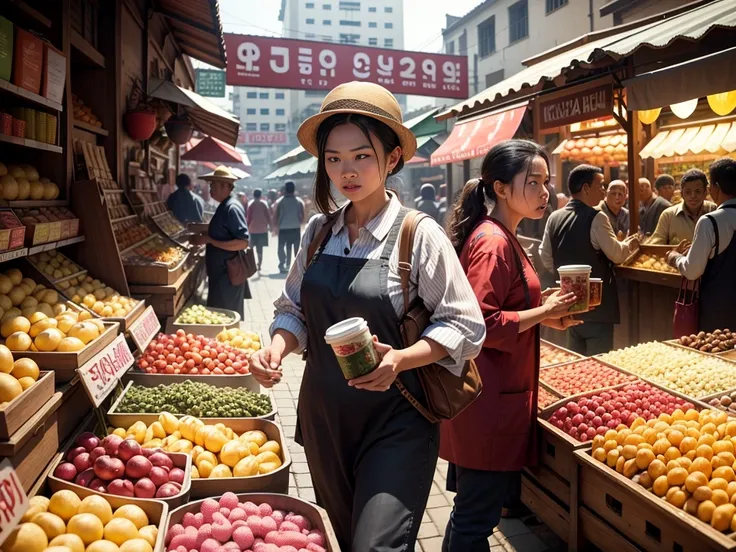 (highres,photorealistic)landscape photo of traditional market in Jakarta, Indonesia,[rack of selling items,abundance of merchandise crowded with various goods,Colorful array of products,sellers arranging their items in an organized manner],buyers passing b...