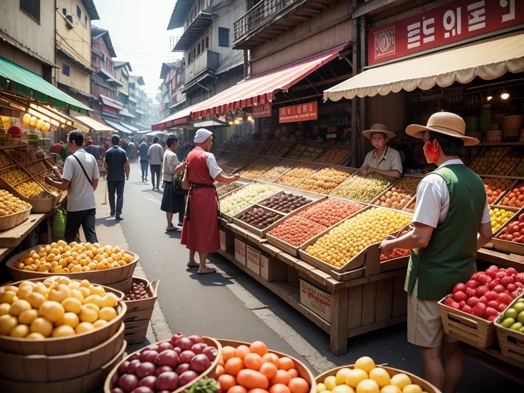 (highres,photorealistic)landscape photo of traditional market in Jakarta, Indonesia,[rack of selling items,abundance of merchandise crowded with various goods,Colorful array of products,sellers arranging their items in an organized manner],buyers passing b...