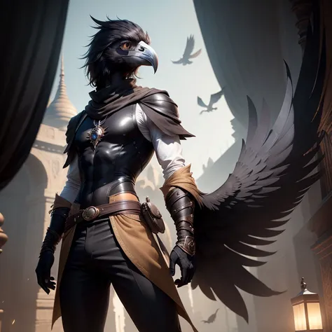 "Stylish and mysterious male kenku scholar，Lean figure，Has smooth black feathers，black eyes，Wearing a sleek white shirt，With brown vest，Wearing brown leggings pants，Wearing black-rimmed glasses. Epic D&3D ambience meets stunning 4k resolution in stunning b...