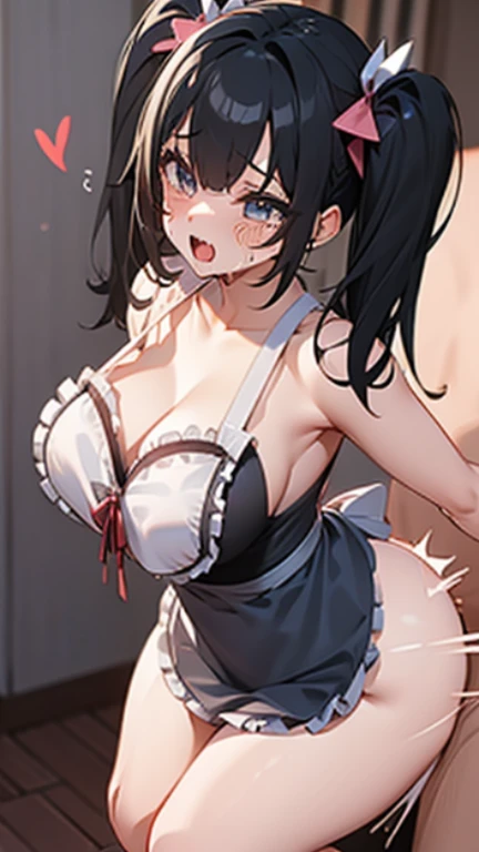 (Ahegao、crying、embarrassing、big breasts、Lily SEX、cute pink heart apron、twin tails、black hair:1.2)