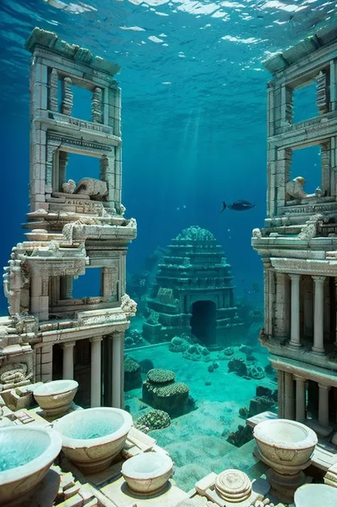 100 meters underwater, marble temple ruins, many, light source: from sea