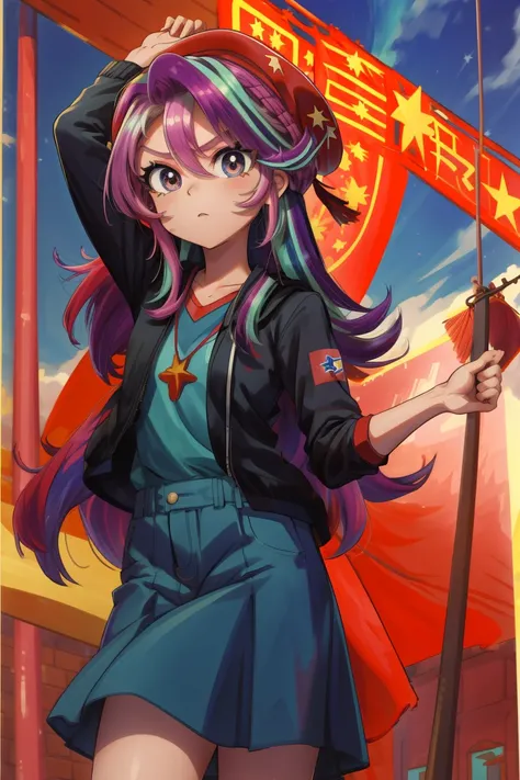 masterpiece,best quality,1girl,mlpglimmer,colored skin,streaked hair,sopi,soviet pioneer,soviet flag,soviet,