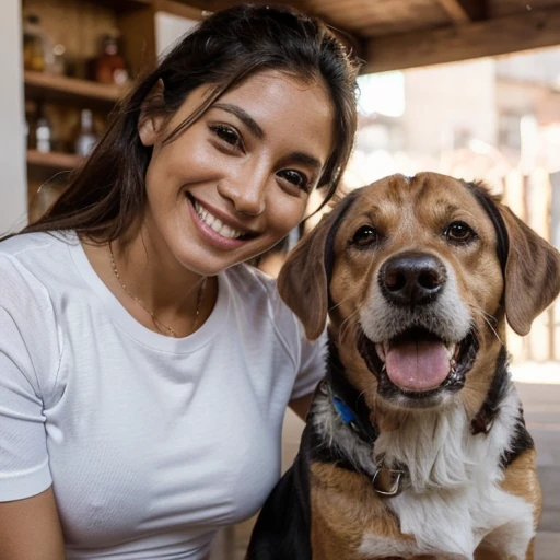 Mujer, latina, modelo de Instagram, entre 25 a 30 años. Sonriendo con dientes perfectos, fitness, junto a un perro beagle