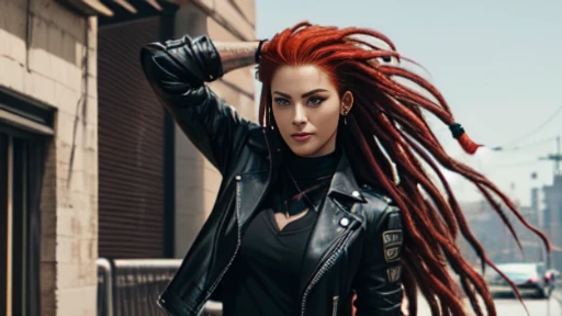 ((masterpiece)), ((cowboy shot)), ((character creation): 1.0), hyper-detailed, hyperrealistic, beautiful woman, her name is "Vendetta".  red-haired woman, ((red hair)), (long hair with dreads, long dreads, head of dreads), ((red hair): 1.0), with expressiv...