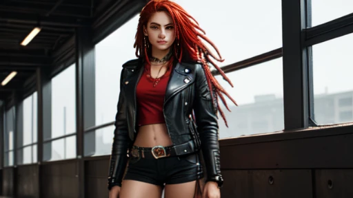 ((masterpiece)), ((cowboy shot)), ((character creation): 1.0), hyper-detailed, hyperrealistic, beautiful woman, her name is "Vendetta".  red-haired woman, ((red hair)), (long hair with dreads, long dreads, head of dreads), ((red hair): 1.0), with expressiv...