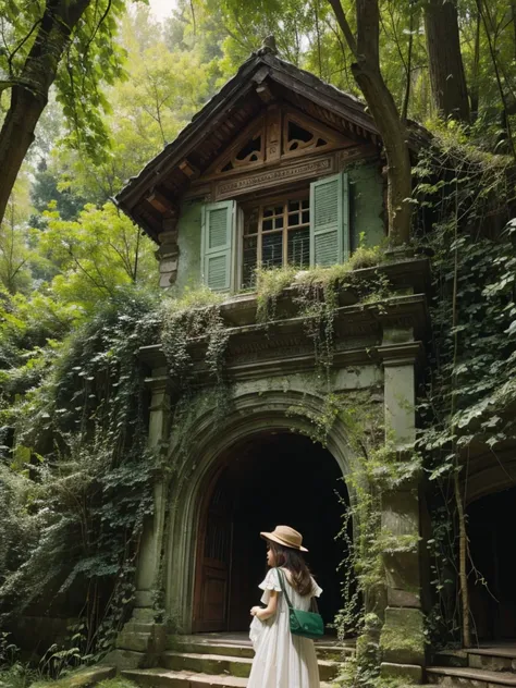 A girl in a green forest with baground of cute palace with trees 