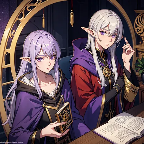 tall, high elf, purple eyes, 1male, wizard clothes, silver hair, extremely detailed, black and  red tome