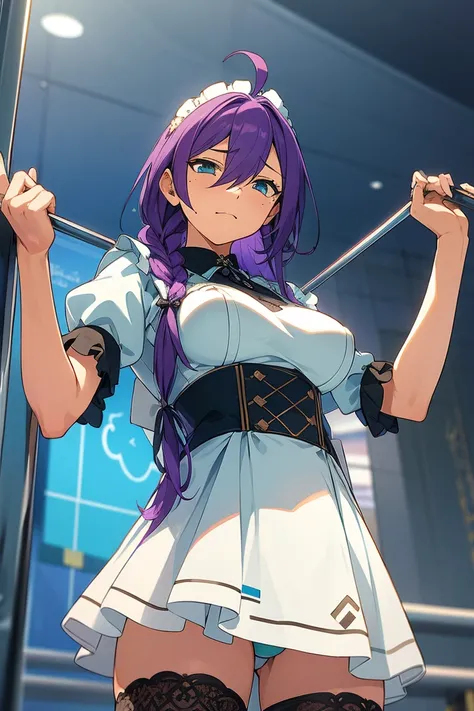 long hair, mole under mouth, purple hair, single braid, hair between eyes, aqua eyes, closed mouth, ahoge, 1girl, from below, looking down on me, cowboy shot, big breasts, lifting dress, maid headdress, maid outfit, panties, thighhighs