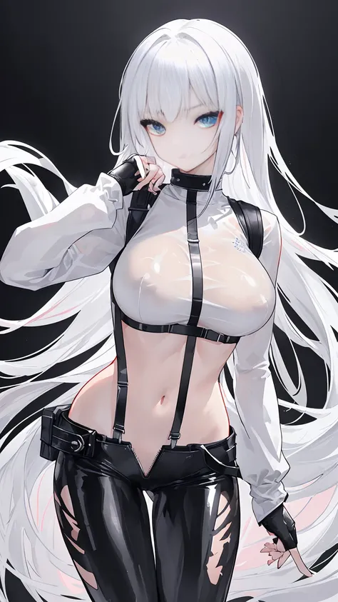 Wearing a silver ring on her white finger，Her slender figure was wrapped in a pair of tight black leather pants.，A white shirt on the upper body，Tucked into leather pants。
Two black suspenders are tightly attached to the white shirt on both sides of the ch...