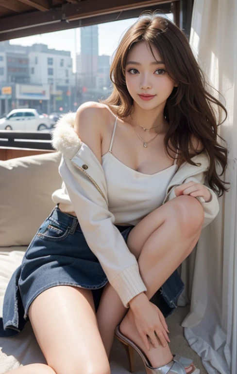 highest quality、masterpiece、ultra high resolution、Photoreal、RAW photo、1 girl、sexy look、shoulder hair、The lower half is curled and sauvage、cute smile like a model、frontage、Hair color is blonde、Tight mini skirt in yellow、Ordinary high heels、eyes are double、w...