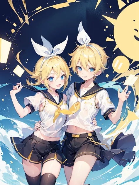 one boy and one girl, (a boy is Kagamine_Len), (a girl is Kagamine_Rin), blue eyes, blond hair, sailor uniform, black short pants, cowboy shot, gently smile, (childish), couple big breast