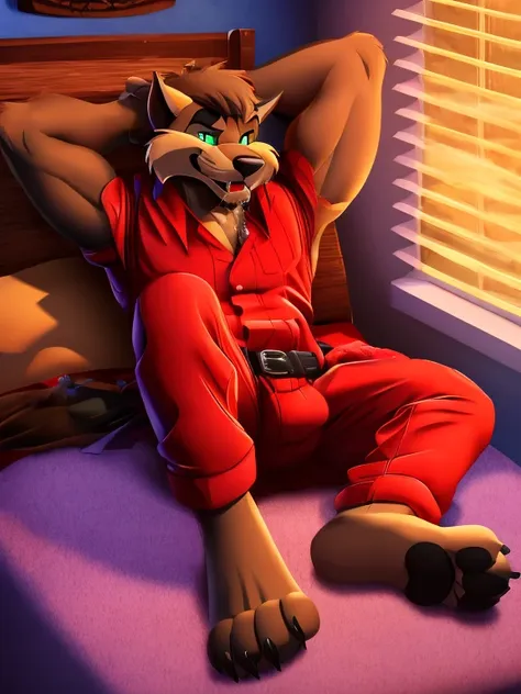 barefoot jason clawson, razor from swat kats, is lying on a bed with his arms and legs spread, wearing red pajamas, handcuffed t...