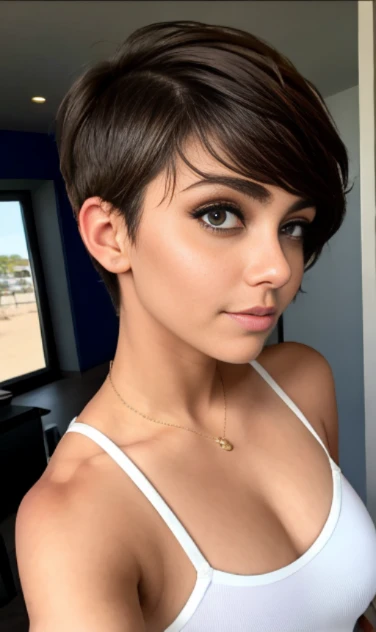 Photo of a 15-year-old European girl, .RAW, beautiful woman,pecas en mejillas y pecho ,hermosos  ojos azules(Light brown hair pixie haircut),corte de cabello pixie desalineado ((retrato)), ((Cara detallada:1.2)), ((Detailed facial features)), (Piel finamen...