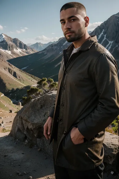 cinematic Person, Young man with shaved haircut, light eyes, with beard, Standing, looking ahead, in the both of a mountain