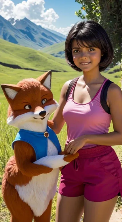 Isabela Merced as Dora the explorer, with fox