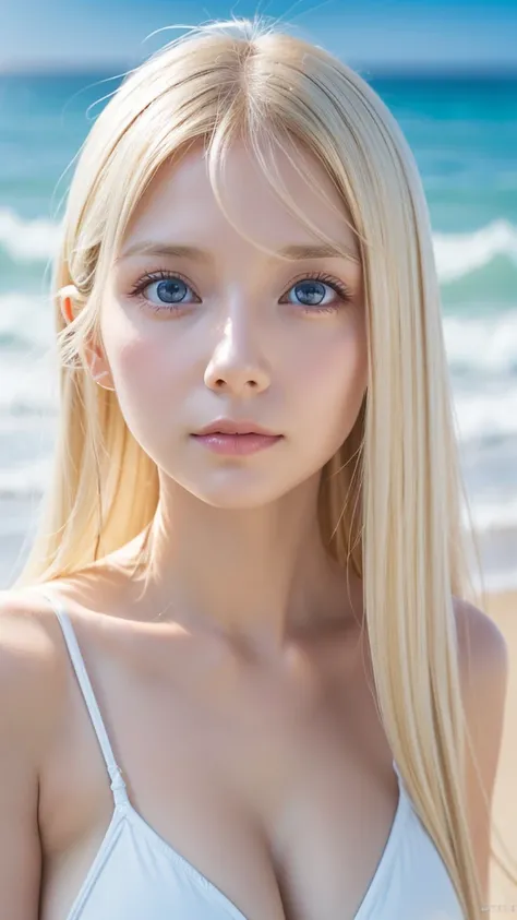 A beautiful girl with super long shining blonde hair、Very beautiful bright light blue big eyes、very big eyes、Hair between the eyes、(muste piece, best quality:1.3), 8K, official art, Raw photo, disorganized, delicate blonde girl, (close up of breasts, Embar...