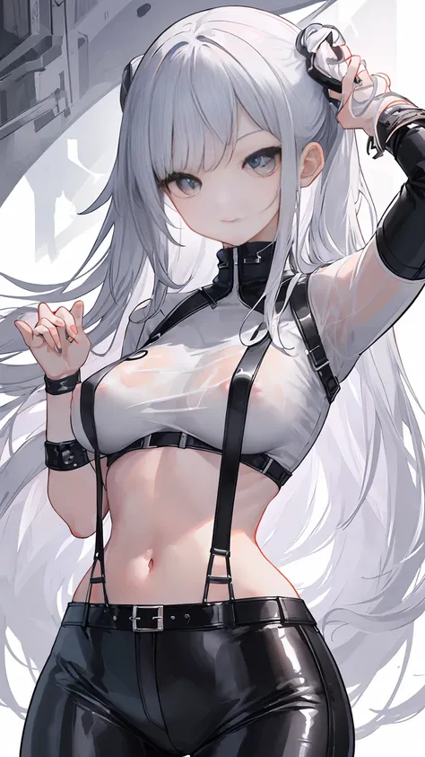 Wearing a silver ring on her white finger，Her slender figure was wrapped in a pair of tight black leather pants.，A white shirt on the upper body，Tucked into leather pants。
Two black suspenders are tightly attached to the white shirt on both sides of the ch...