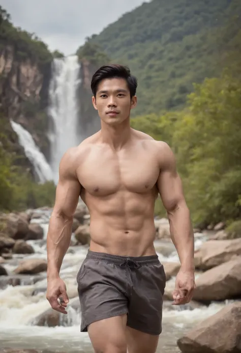 a photo-realistic image of a (((muscular and toned))) Thai male wearing shorts, (((irresistibly sexy, good looking, and beautiful handsome face))), ((muscular and toned)) with ((pale skin color with fine skin complexion)), (((bare chest))), ((no top, no pa...