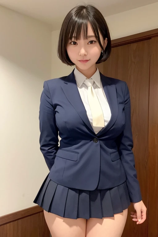 narrow eyes, frontal shot, 1 girl, 17 year old girl, small eyes:1.3, narrow eyes:1.3, beautiful breasts:1.5, highly detailed eyes:1.2), (beautiful breasts:1.1), (short hair), bangs, tight waist, alone, looking at the viewer, (School_uniform), (dark blue bl...