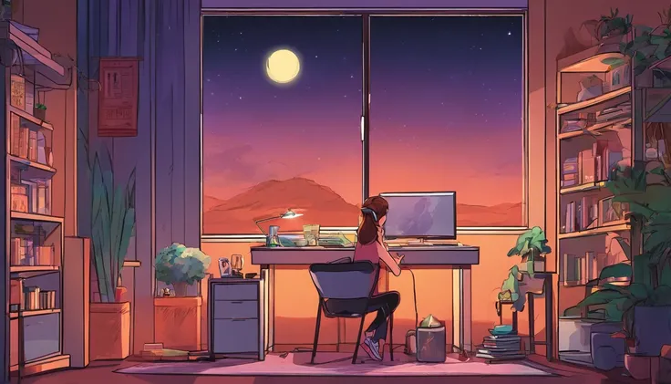 8k,high resolution,lo-fi,girl wearing earphones,Chill,inside the room,In front of the desk,sitting in a chair,night,moonlight,Gentle light