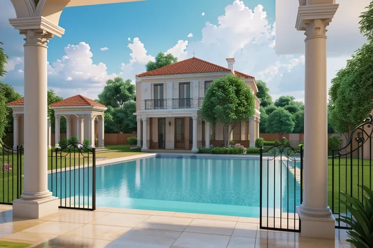 Garden villa, with swimming pool, garden in neoclassical styleClassical style, masterpiece, surreal, rendered by Vray 2023, Vantage, rendered 8k, 16k, ultra HD, iron patterned railings, doors and wooden windows,Natural light, cloudy, daylight --ar 16K