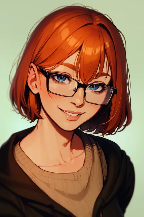 ginger nerd, portrait, short hair, bangs, glasses, nose piercing, smile, detailed face