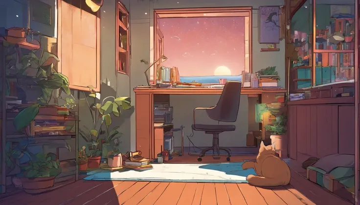 8k,high resolution,lo-fi,Japanese,girl wearing earphones,Chill,inside the room,In front of the desk,sitting in a chair,night,moonlight,Gentle light,cat is sleeping