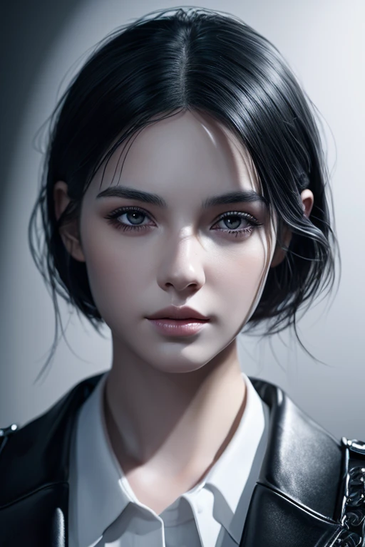 Beautiful girl with realistic black eyes, white skin, medium length black hair, perfect face, perfect eyes, wearing a coat, very detailed, comprehensive movie, digital painting, 8K, cinematic lighting, highest quality, High resolution, detailed work, Post-...