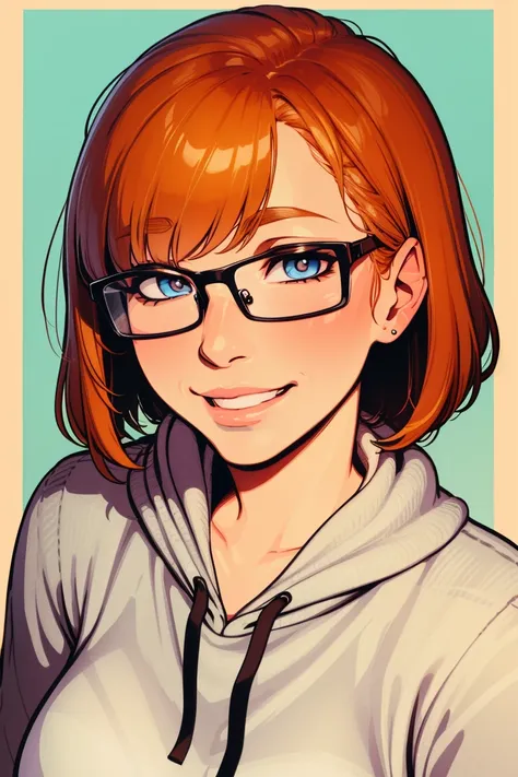 Ginger nerd, portrait, short hair, bangs, glasses, nose piercing, smile, detailed face, sweater, freclkles, detailed, hoodie