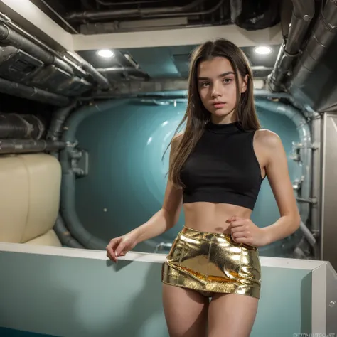 13 year old white European girl wearing a black crop top and gold short skirt.  She is inside a submarine.  professionally color graded, professional photography, well drawn, masterpiece, hyper realistic, ultra detailed, high quality, best quality, 4k, 8k,...