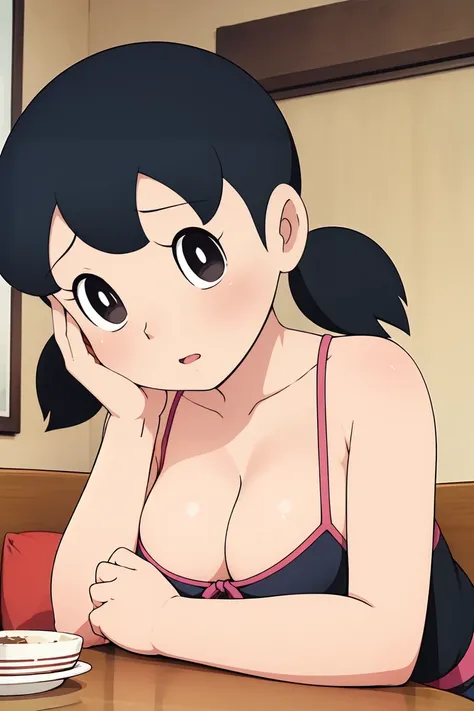 1girl, solo, upper body, black hair, twintails, large breasts, short twintails, camisole, backrest on sofa,