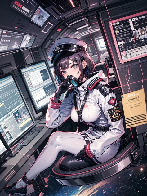 （（（masterpiece、Highest image quality、highest quality、highly detailed unity 8ｋwallpaper）））、（Illustration of one woman）、30 years old、（Viceroy）、（（Black hair bob cut））、（（（Gas mask covering the mouth）））、gray eyes、（（tall、big breasts））、（（Military uniforms））、（（Mil...