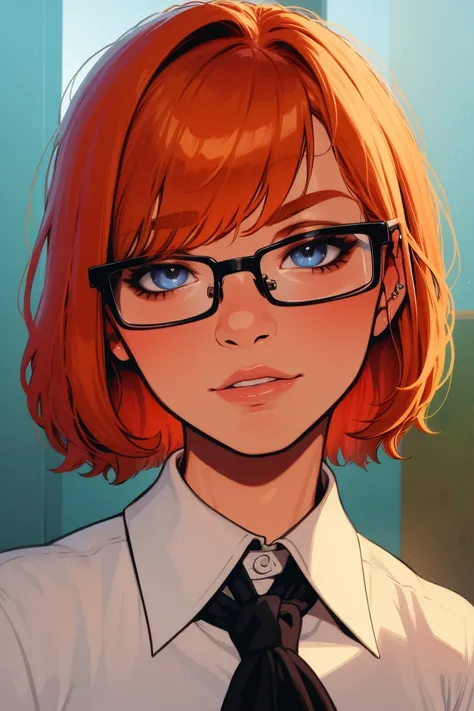 Ginger nerd, portrait, short hair, bangs, glasses, nose piercing, detailed face