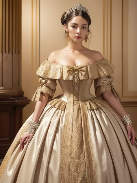 , with detail, accessories, inspired gala dresses, 1830s era. bugger, full body texture 4k, high quality, gorgeous hairstyle, 8k...