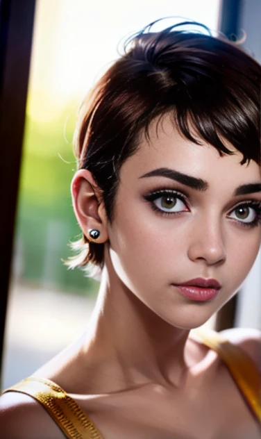 Photo of a 15-year-old European girl, .RAW, beautiful woman , modelo adolescente ,pecas en mejillas y pecho ,hermosos  ojos azules(Light brown hair pixie haircut),corte de cabello pixie desalineado ((retrato)), ((Cara detallada:1.2)), ((Detailed facial fea...