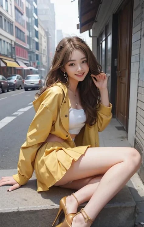 highest quality、masterpiece、ultra high resolution、Photoreal、RAW photo、1 girl、sexy look、shoulder hair、The lower half is curled and sauvage、cute smile like a model、frontage、Hair color is blonde、Tight mini skirt in yellow、Ordinary high heels、eyes are double、w...