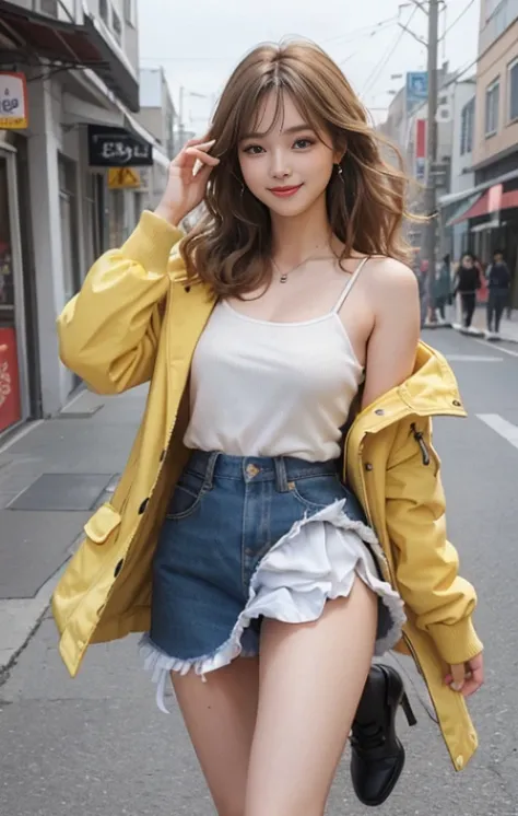 highest quality、masterpiece、ultra high resolution、Photoreal、RAW photo、1 girl、sexy look、shoulder hair、The lower half is curled and sauvage、cute smile like a model、frontage、Hair color is blonde、Tight mini skirt in yellow、Ordinary high heels、eyes are double、w...