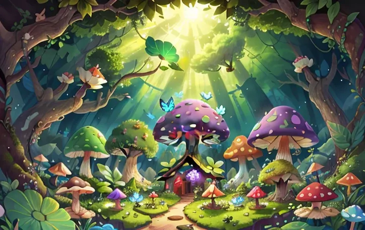 Mushroom forest with glass goblets，fractal art，morning glory，Butterfly，lotus，four-leaf clover，morning glory，Cyber Mushroom Forest，Hyper-detailed digital fantasy art。There are mushrooms everywhere in the picture，The unique mushroom shape creates a magical C...