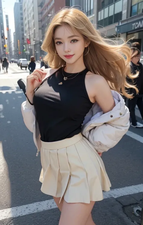 highest quality、masterpiece、ultra high resolution、Photoreal、RAW photo、1 girl、sexy look、shoulder hair、The lower half is curled and sauvage、cute smile like a model、frontage、Hair color is blonde、Tight mini skirt in yellow、Ordinary high heels、eyes are double、w...