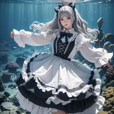 8k, 1 girl, high color, gorgeous, (フラクタルアート1.8), girl,gray hair, flowing hair，deep under the sea,dancing lolita skirt ，gorgeous,...