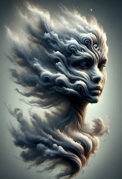 (Optical Illusion:1.4), a girl head made of smoke, concept art, (best quality, masterpiece, Representative work, official art, Professional, 8k)