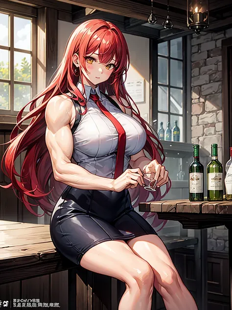 （（（masterpiece、Highest image quality、highest quality）））、（（（Illustration of one girl）））、（adventurer）、（（（neutral）））、cool、（（red hair、long hair））、golden eyes、（（tall））、（（（muscular and strong body）））、（（（stocky build、thickset physique：1.3、muscular legs、muscular a...