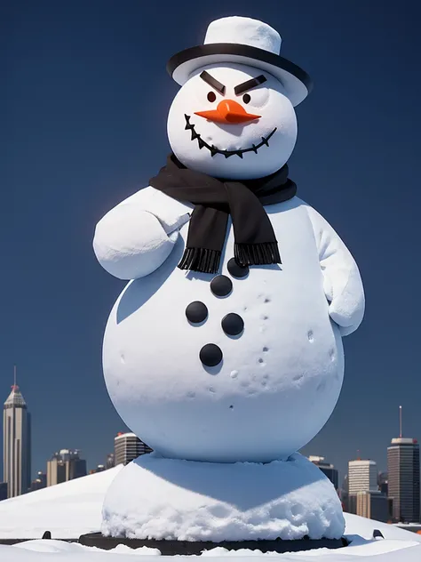 Sports Logo Design - incredibly life-like snowman highly detailed features, evil Angry Snowman, Standing over silhouette of City, 