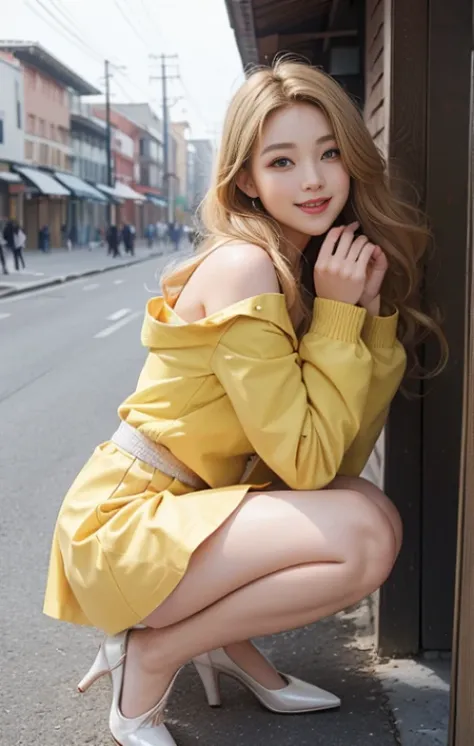 highest quality、masterpiece、ultra high resolution、Photoreal、RAW photo、1 girl、sexy look、shoulder hair、The lower half is curled and sauvage、cute smile like a model、frontage、Hair color is blonde、Tight mini skirt in yellow、Ordinary high heels、eyes are double、w...